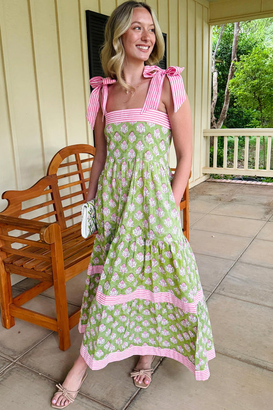 Floral Stripe Patchwork Knot Strap Maxi Dress